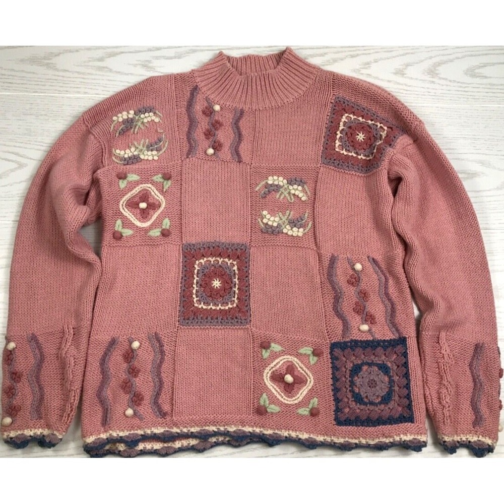 Vintage Jay Jacobs Sweater Womens M Pink Floral Hand Knit Long Sleeve Mock Ugly